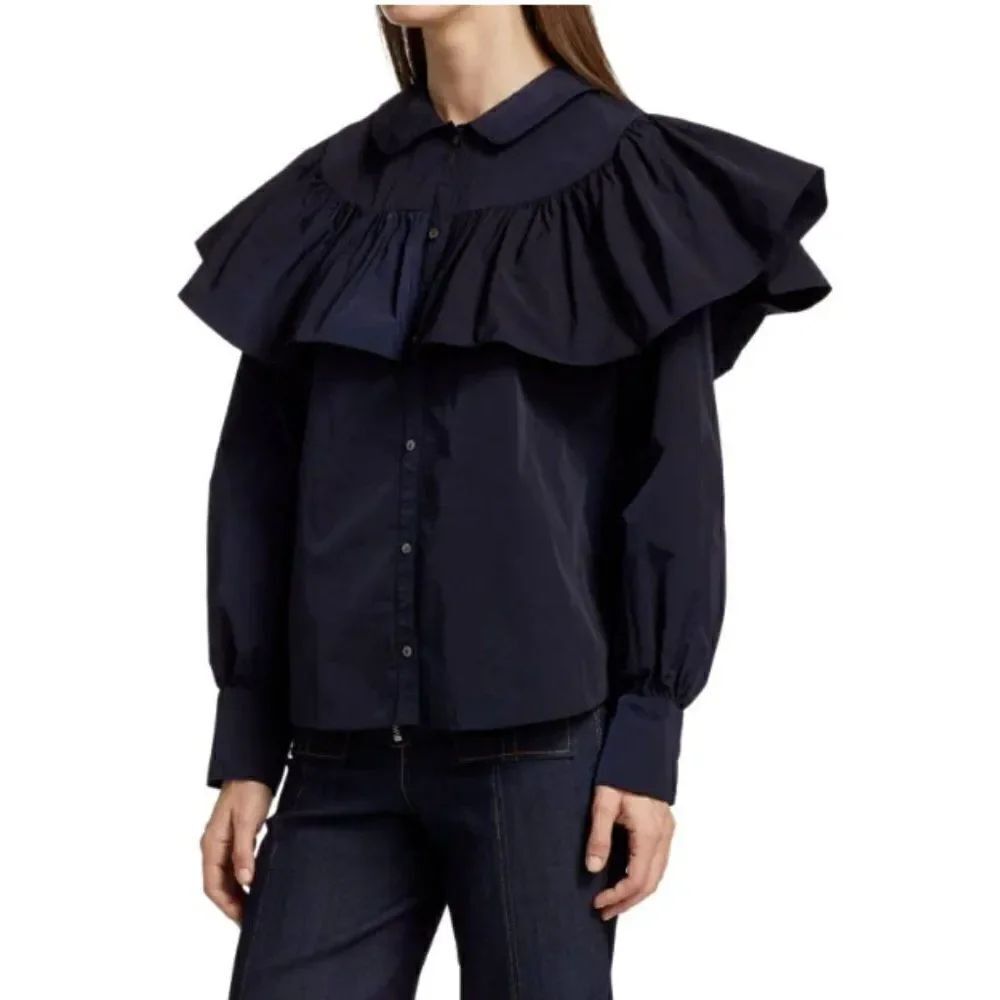 Cinq a Sept Womans Marcelle Ruffled Blouse Shirt XXS Navy Blue Taffeta NWT